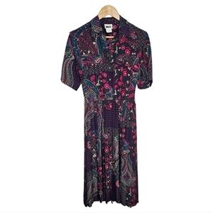 Paisley pleated floral purple button short sleeve Maxi Dress